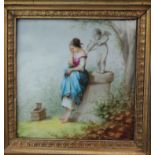 A continental square panel painted with a young woman standing before a pillar with cupid and his