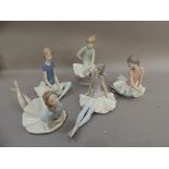 Five Lladro porcelain ballerina figures, 22cm high and smaller