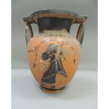 A reproduction classical Greek two handled amphora, the body decorated in black, white and iron