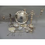 A quantity of miscellaneous silver plated ware to include two branch candelabra, salver, swing