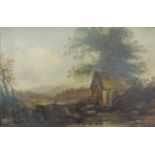 A river landscape with mill, and figures, oil on board, unsigned, inscribed to label verso, '