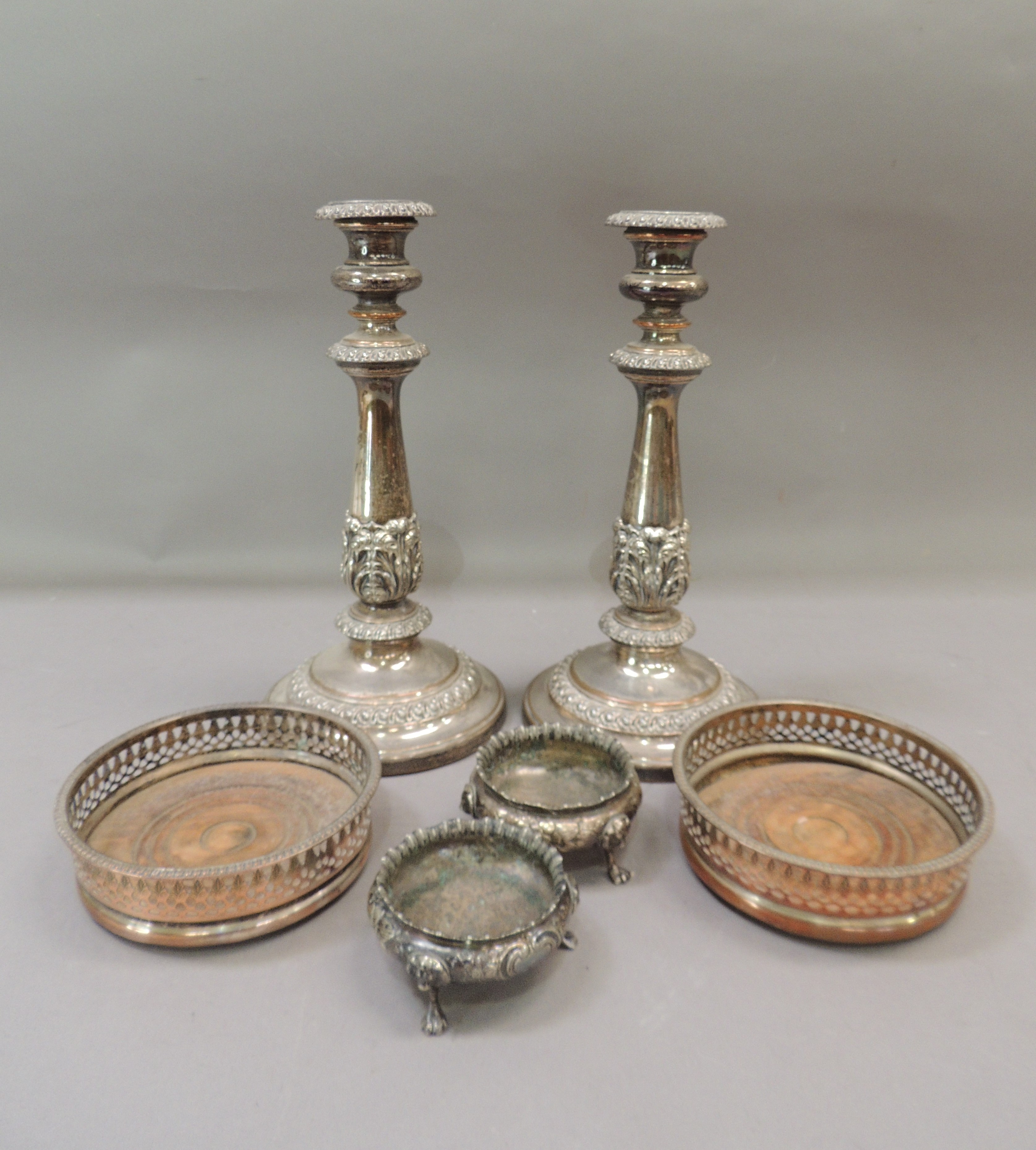 A pair of Victorian silver plate on copper table candle sticks in Regency style, foliate wrapped - Image 2 of 3