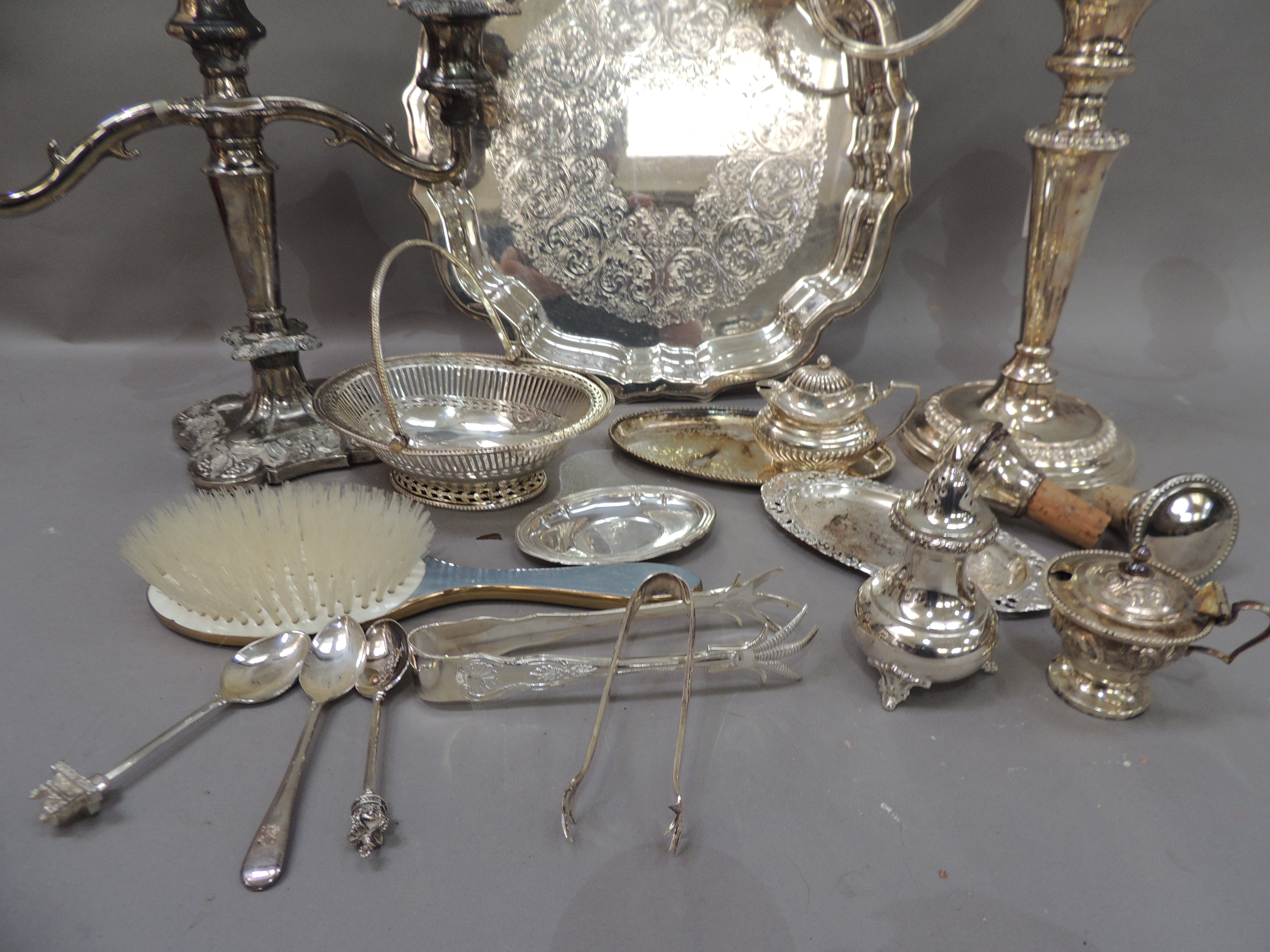 A quantity of miscellaneous silver plated ware to include two branch candelabra, salver, swing - Image 2 of 4