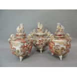 Three early twentieth century Japanese pottery koros and covers, each domed cover with a Dog of Fo