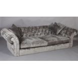 A large grey velour button back Chesterfield sofa (no feet), 280cm wide x 123cm deep