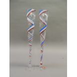 A pair of Royal Brierley Millenium champagne flutes, the clear glass with with blue, red and white