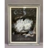20th century unknown, monochrome abstract with feet and hand prints, gouache, indistinctly signed to