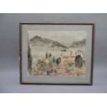 Italian, 20th century, Rooftops, town and mountain landscape, pen and ink and colour wash, unsigned,