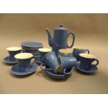 A set of six Moorcroft Powder Blue coffee pot, sugar bowl and cream jug, six coffee cups and saucers