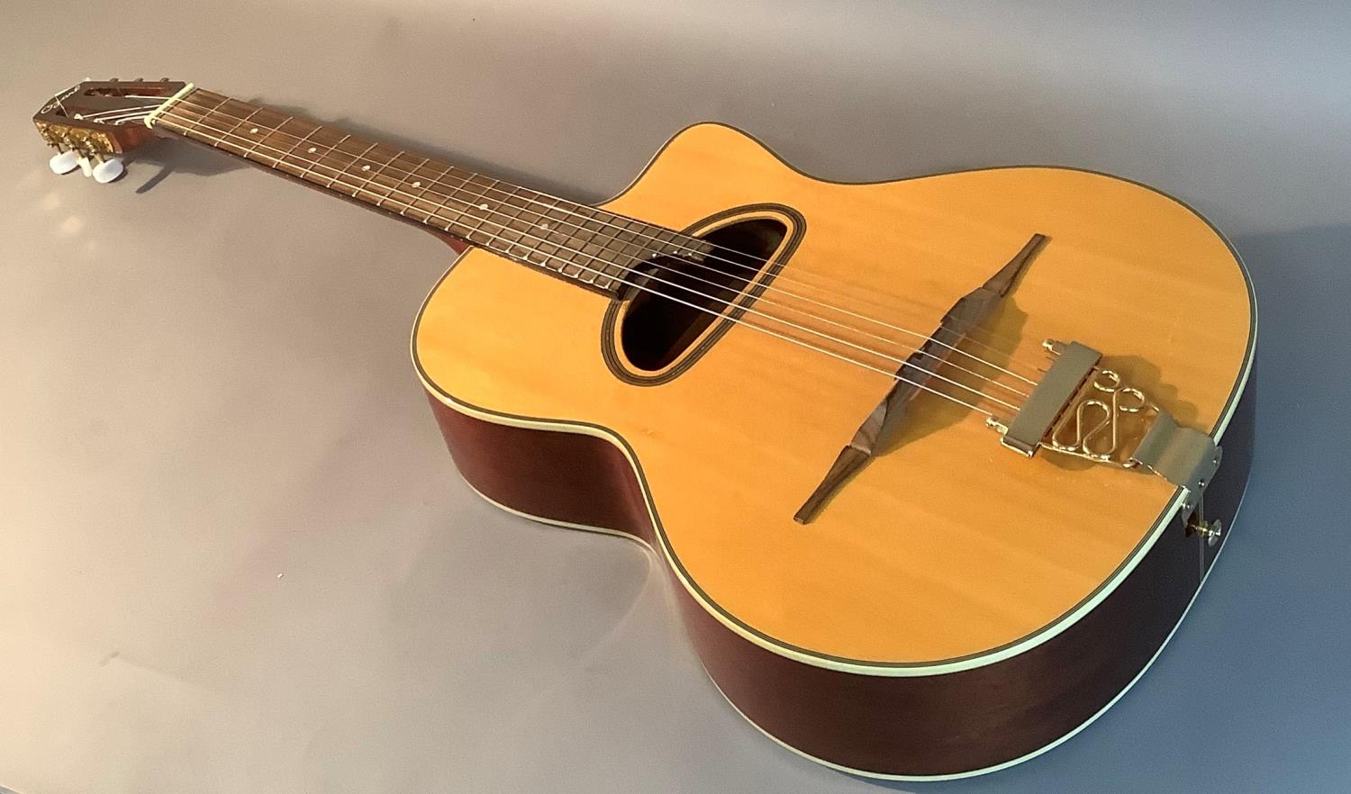 An Ozark gypsy guitar with 'D' sound hole, no.3513, with mahogany neck, rosewood fingerboard, gold - Image 2 of 6