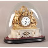 A LATE 19TH CENTURY GILT METAL AMD WHITE ALABASTER MANTEL CLOCK, the fluted drum shaped case