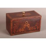 A GEORGE III MAHOGANY TEA CADDY crossbanded in rosewood and boxwood strung, the hinged top inlaid