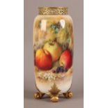 A ROYAL WORCESTER FRUIT PAINTED VASE, signed Ricketts, cylindrical with reticulated gilt neck,