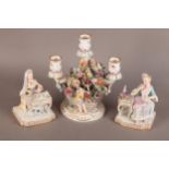 A LATE 19TH/EARLY 20TH CENTURY MEISSEN PORCELAIN THREE LIGHT CANDELABRA the scrolled arms