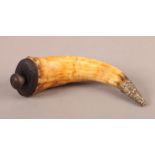 A SCOTTISH COW'S HORN POWDER FLASK WITH WOODEN COVER AND REPLACED PLUG, the terminal applied with