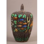 A JAPANESE SILVER AND ENAMEL BALUSTER VASE AND COVER, the body covered overall with a coiled wire