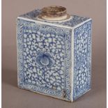A CHINESE PORCELAIN CADDY of rectangular form with cylindrical neck, decorated in underglaze blue to