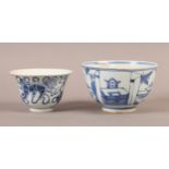 A CHINESE PORCELAIN CIRCULAR FOOTED BOWL decorated in underglaze blue with figures within fenced