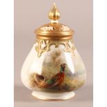 A ROYAL WORCESTER VASE AND COVER, signed Jas Stinton, the tapered and lobed body painted with hen