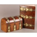 A VICTORIAN FIGURED WALNUT DOME TOP STATIONERY BOX, with ivory and cut gilt bras strapwork, the