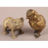 A BRONZE FIGURE OF A CHICK, realistically modelled, 7cm high, together with a bronze figure of a
