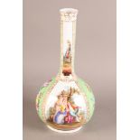 A DRESDEN BOTTLE VASE decorated with panels of courting couples between floral filled apple green