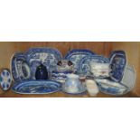 A 19th century and later blue and white willow pattern meat dishes, including pearlware, other
