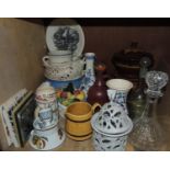 Two early 20th century chamber pots, pottery vases, avocado dishes, mint sauce boat and saucer, a