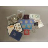 Box of English cupro-nickel crowns, pre-decimal currency, foreign obsolete currency, bank notes, etc
