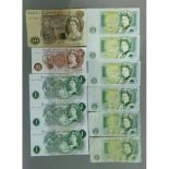 Bank of England ten pound note J.B Page, 3 x one pound notes J.S Fforde consecutively numbered A.