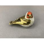 A Royal Crown Derby paperweight goldfinch with gold button to underside