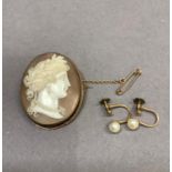 An Edward VII shell cameo brooch, collet set in 9ct gold with a classical female portrait with oak