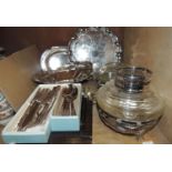 Silver plated and metal ware including an oval cake basket with swing handle on oval foot, toast