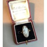 An early 20th century shell cameo ring in 18 carat gold, the oval full length female portrait in