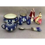 Various items of Jasper ware including EPNS mounted biscuit barrel and salad bowl and servers, a