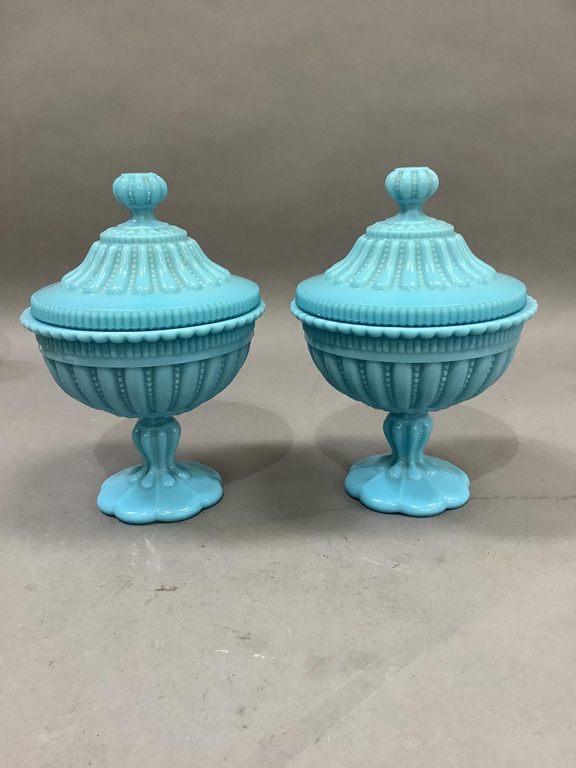 A pair of Victorian turquoise glass pedestal cups and covers, fluted and bead decorated with - Image 2 of 3