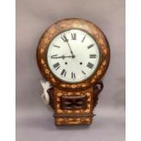 A Victorian walnut veneered drop dial wall clock, the circular face with Roman numeral, twin winding