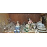 Various glass cut and plain decanters, flutes, wines, sundae glasses, decorative plates, ribbon