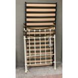 A Victorian style brass and cream painted single bedstead, the ball finials flanking a U-shaped