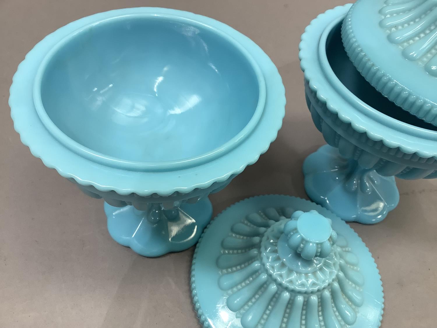 A pair of Victorian turquoise glass pedestal cups and covers, fluted and bead decorated with - Image 3 of 3