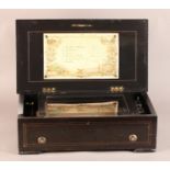 A LATE 19TH CENTURY SWISS MUSICAL BOX PLAYING SIX AIRS, the ebonised case with rosewood veneered