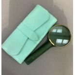 A Smythson of Bond Street pale turquoise leather wallet for jewellery and a Smythson magnifying