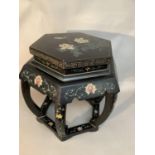 A reproduction black lacquer hexagonal stool in Chinese taste, the top engraved and painted with