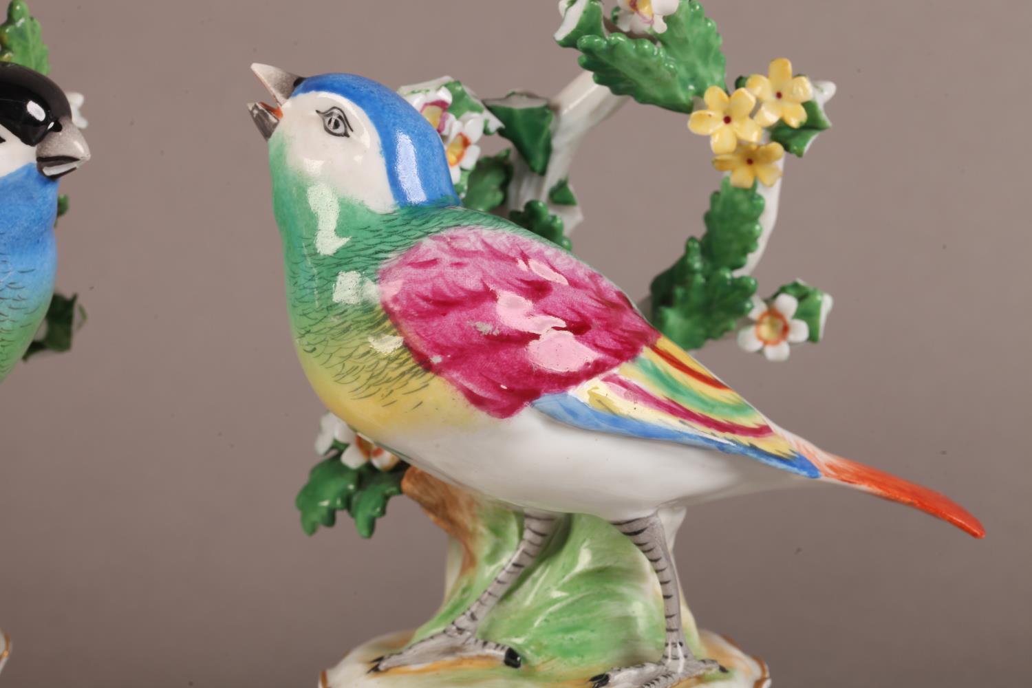 A pair of Continental porcelain figures modelled as a pair of colourful songbirds before leaf and - Image 3 of 4