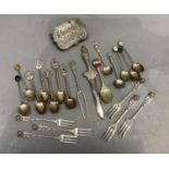 A set of six cake forks with rose terminals, stamped 800, a Chinese white metal pickle fork, various