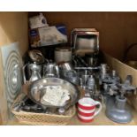 A set of kitchen scales, knife rack and contents, stainless steel hotel ware, other stainless steel,