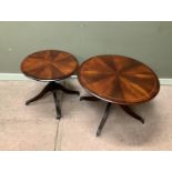 Two reproduction mahogany wine or coffee tables with circular segmental tops, boxwood strung on