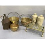 Two brass jam pans with steel handles together with a brass pan, brass trivet, two salt glazed