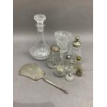 Two silver lidded cut glass sugar castors, three silver and .925 lidded condiments, silver lidded