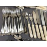 A quantity of silver plated cutlery including dessert spoons and forks, ivorine handled steak